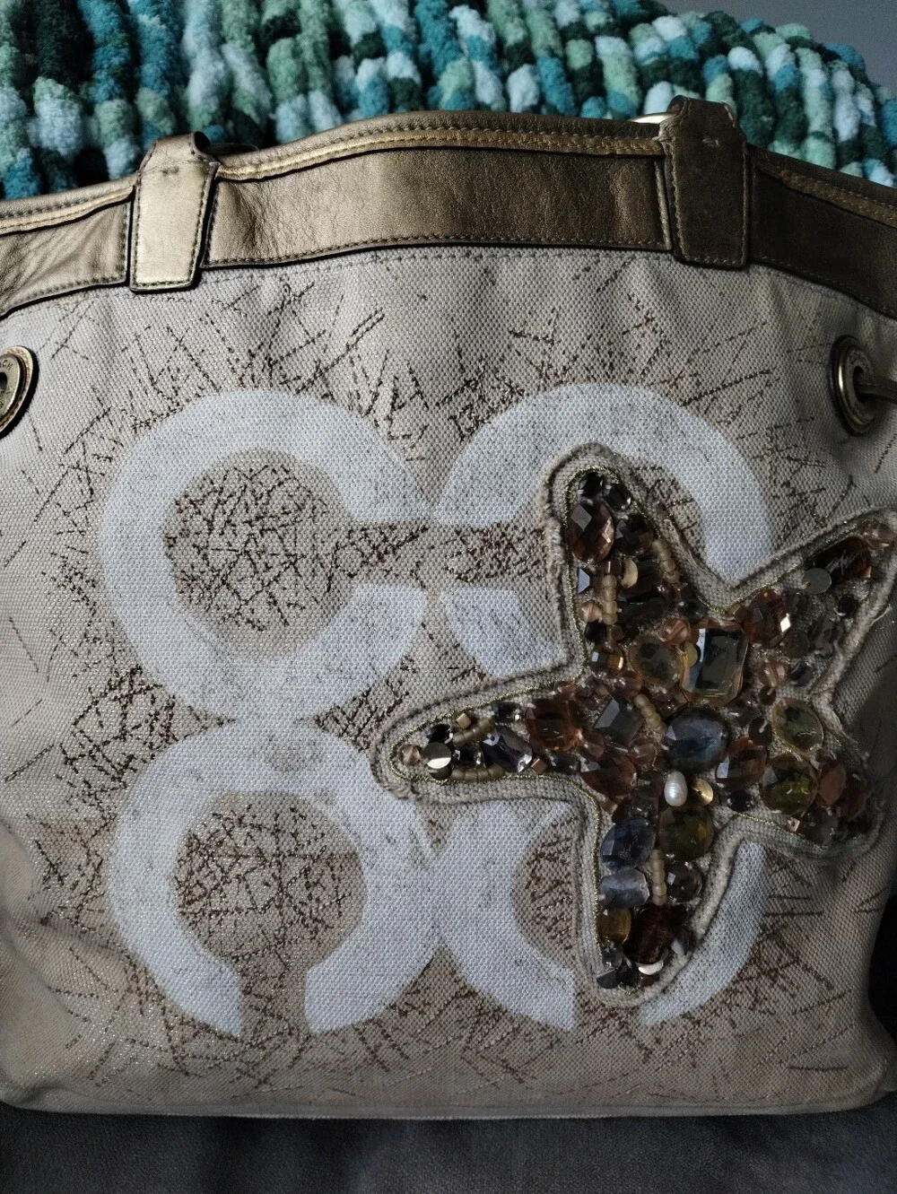 Coach Limited Edition Audrey Canvas Leigh Embellished Gold Starfish Tote Vintage